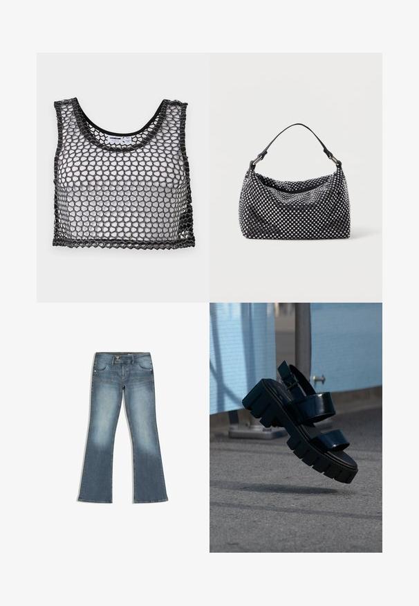 Haut court noir sans manches avec large maille en filet et bords festonnés, posé à plat montrant l'avant et les détails de l'étiquette intérieure.; Jean en denim bleu avec une légère évasement au niveau des jambes, fermeture à boutons devant avec deux boutons, et poches plaquées à l'avant.; Sandale plateforme noire épaisse avec deux brides et une boucle, suspendue en l'air au-dessus d'un sol en béton gris et d'un fond en tissu bleu.; Sac noir et argent avec une surface tissée et texturée présentant des motifs carrés, une seule poignée supérieure et un design décontracté.
