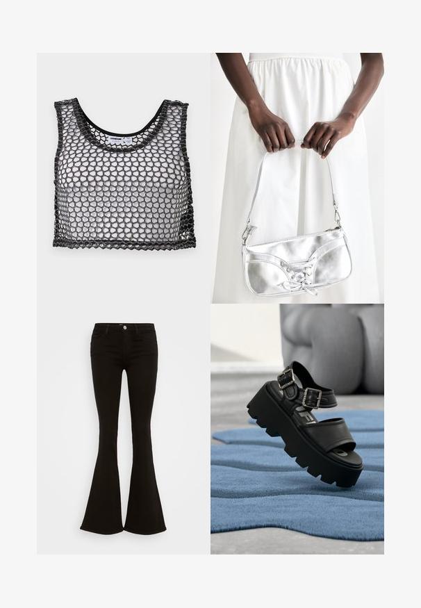 Sort ærmeløs crop top med bredt netstof og bølget kant, lagt fladt ud, der viser for- og indvendige etiketdetaljer.; Sorte højtaljede flare jeans med frontknap, bæltestropper og fem lommer, præsenteret på en hvid baggrund.; Sort chunky platformsandal med to sølvspænder på blåt tekstureret tæppe, sløret grå skulptur i baggrunden.; Sølvmetallic håndtaske med snøredetaljer, der har et slankt design og en kort strop. Tasken holdes i hænderne for at fremvise dens tekstur.