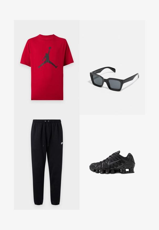 T-shirt rouge à manches courtes avec silhouette noire d’un joueur de basketball sautant, tenant un ballon haut d’une main.; Pantalon de survêtement noir en tissu doux, avec une taille élastique à cordon de serrage, des jambes fuselées, et un petit logo blanc sur le côté gauche.; Chaussures de sport noires en mesh et matériaux synthétiques, présentant un design ondulé distinct, une semelle en caoutchouc noire et des accents réfléchissants.; Lunettes de soleil noires rectangulaires avec des verres teintés. Monture en plastique avec une finition brillante, comportant un pont large et des branches légèrement effilées.