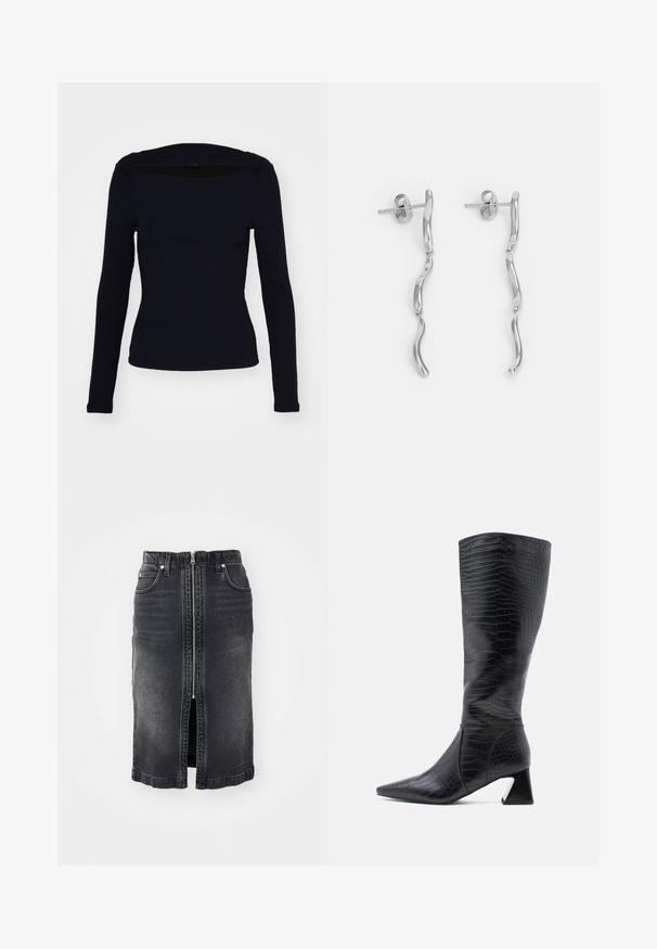Marineblaues langärmliges Rippoberteil mit quadratischem Ausschnitt, figurbetontem Design und strukturiertem Stoff. Es zeichnet sich durch einen klaren, minimalistischen Stil aus.; Schwarzer Denim-Rock mit einem Reißverschluss vorne, zwei Seitentaschen, mittellanger Design und dezentem Verblassen. Verfügt über einen geraden Schnitt und gesäumte Kanten.; Schwarze kniehohe Stiefel mit spitzer Zehenpartie, aus strukturiertem Kunstkrokodilleder; mit klobigem Absatz und glatter Oberfläche.; Silberne Metallohrringe mit gewelltem Design, die aus zwei miteinander verbundenen, länglichen Elementen bestehen. Glatte Textur und polierte Oberfläche. Steckverschluss.