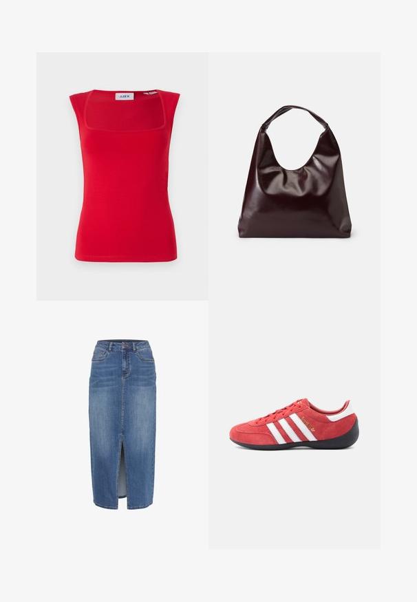 Rød ærmeløs top med firkantet halsudskæring, lavet af glat stof, med en tætsiddende pasform og ensartet tekstur, mærket med 'JJXX'.; Denim nederdel med en frontslids, i midlængde, i en lys til mellemblå vask. Har fem lommer og en talje med bæltestropper.; Rød ruskind atletiksko med hvidt trestribet design, sort gummisål og minimalistisk form. Gulddetalje med logo på siden.; Bordeaux, skinnende vegansk læder tote taske med en blød, skulpturel form og et bredt, buet håndtag for nem bæring.