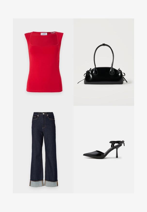 Top sin mangas rojo con escote cuadrado, hecho de una tela suave, con un diseño ajustado y textura lisa, etiquetado con 'JJXX'.; Jeans de mezclilla oscura de pierna ancha con dobladillo sin terminar, costuras naranjas en contraste y dos bolsillos delanteros; los puños enrollados revelan mezclilla más clara debajo.; Zapato de tacón alto de cuero charol negro con punta puntiaguda y correa en el tobillo atada en un nudo en la parte trasera, mostrado sobre un fondo blanco liso.; Pequeño bolso negro brillante con dos asas largas y detalles de cordón lateral sobre un fondo claro liso.