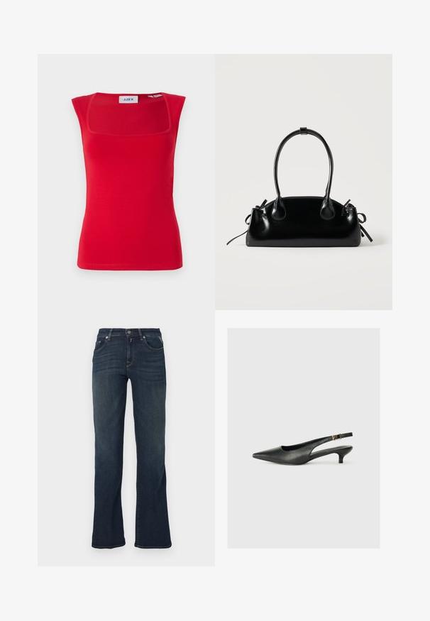 Top sans manches rouge à encolure carrée, fabriqué en tissu lisse, avec une coupe ajustée et une texture unie, étiqueté 'JJXX'.; Jean en denim bleu foncé avec un design à jambe évasée, comportant cinq poches et des détails de couture contrastants. Texture lisse et taille standard.; Chaussure slingback noire à bout pointu en cuir lisse. Présente un talon fin et un détail de boucle sur la sangle réglable.; Petit sac à main noir brillant avec deux longues anses et des détails à cordon sur les côtés sur un fond clair uni.