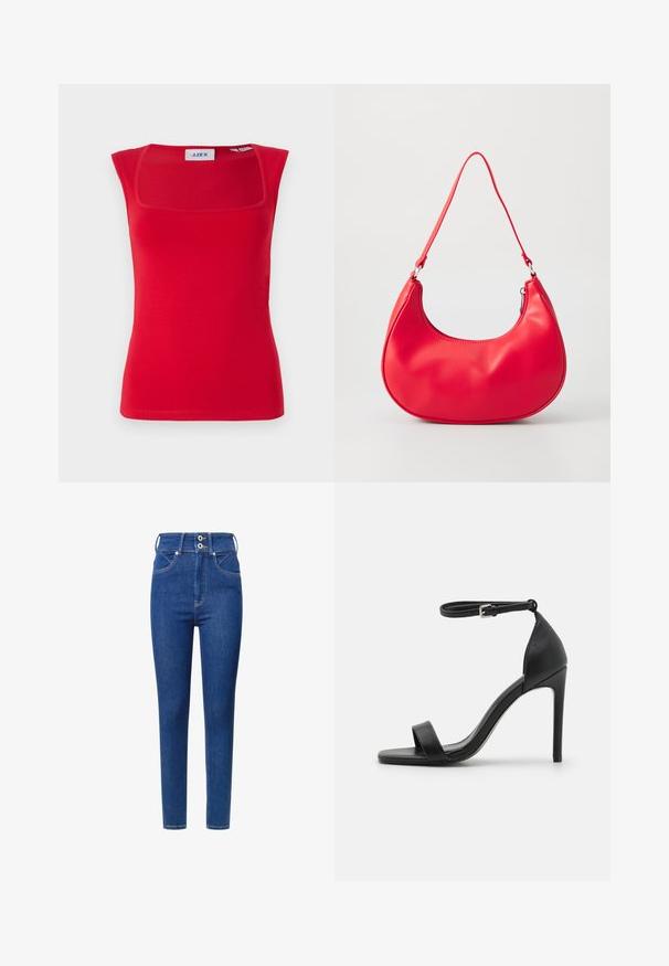 Top sin mangas rojo con escote cuadrado, hecho de una tela suave, con un diseño ajustado y textura lisa, etiquetado con 'JJXX'.; Jeans de mezclilla azul de talle alto con un ajuste slim, que cuentan con dos botones en la cintura, bolsillos delanteros y detalles de costura en contraste.; Sandalia de tacón alto negra con un diseño elegante, que cuenta con una correa en el tobillo, punta abierta y una textura de cuero suave.; Bolso de hombro de piel sintética roja con forma curvada, correa delgada y cierre de cremallera. Textura suave con detalles de costura visibles.