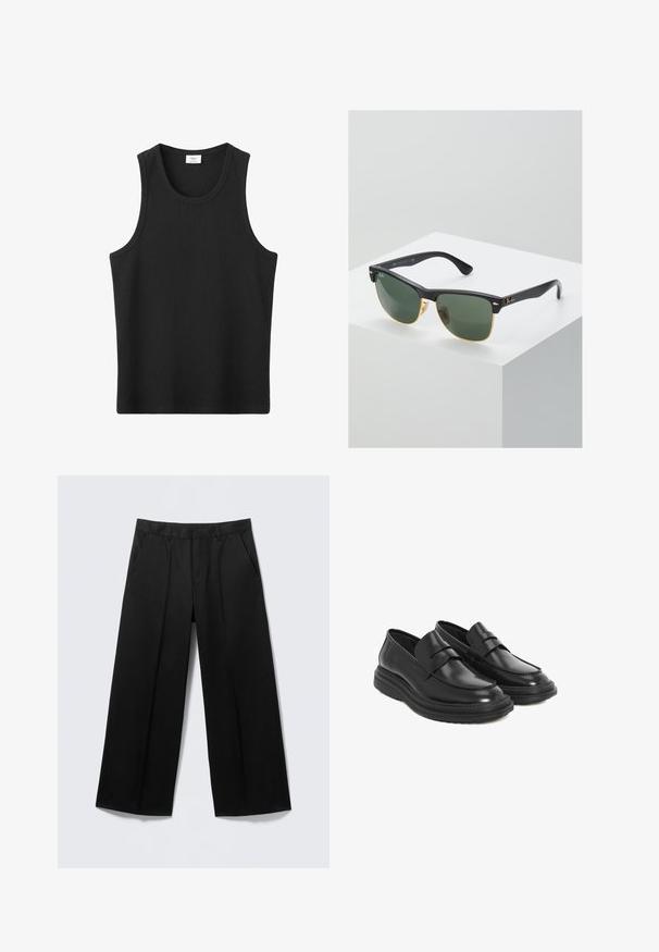 Zwarte geribde mouwloze tanktop met een ronde hals, ontworpen voor casual gebruik.; Zwarte broek met brede pijpen, voorzien van lussen voor een ceintuur, steekzakken aan de voorkant en een ritssluiting, getoond op een lichtgrijze achtergrond.; Zwarte leren instappers met een ronde neus, gestikte details en een plateauzool van rubber. Heeft een decoratieve band over de wreef.; Ray-Ban zonnebrillen met groene lenzen, zwarte plastic monturen en gouden accenten aan de randen. Vierkante vorm met een matte afwerking.