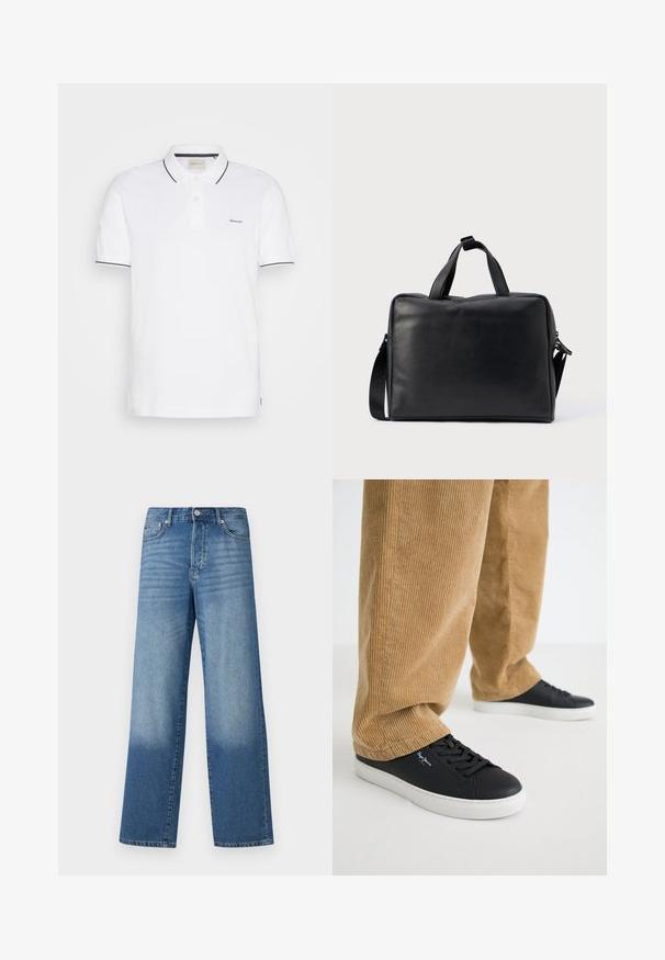 Hvid polo-shirt lavet af bomuld, med en to-knaps placket, korte ærmer og marineblå kant på kraven og ærmerne. GANT-logo på brystet.; Blå højtaljede strækte jeans med falmede områder på lårerne og mørkere skygger nær kanten, synlig frontknap og lommer.; Sorte lædersneakers med hvide gummisåler. Båret med tanfarvede corduroybukser med vertikale ribber og en afslappet pasform.; Sort lædertaske med rektangulært design, to håndtag, aftagelig skulderrem og få dekorationer.