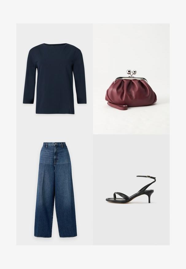 Chemise bleu marine à manches longues avec un col rond et un ourlet droit, affichée sur un fond gris clair uni.; Jeans en denim à jambes larges de couleur bleu foncé. Présentent une taille haute, une fermeture à glissière et une décoloration subtile. Fabriqués à partir d'un tissu en coton texturé.; Sandale pour femme en cuir noir avec fines lanières, une boucle d'orteil, une boucle à la cheville et un talon aiguille de hauteur moyenne sur un fond neutre.; Petit sac pochette en cuir bordeaux avec fermoir métallique argenté et bracelet sur fond blanc.