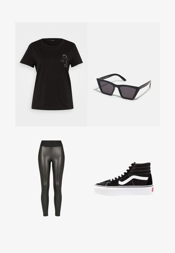 Vero Moda VMFRANCIS FACE BOX - Trükipildiga T-särk - black; Mustad kõrge vöökohaga kunstnahast retuusid, sileda ja läikiva viimistlusega ning pahkluu pikkusega disainiga valgel taustal.; Mustad mustad sneakers valge paeltega, valge logo ja kontraste valge õmblusega. Omab paksu valget talda ja tekstureeritud nahkiga ülemist osa.; Mustad mustrakellad, millel on hallid šabloonid; valmistatud plastist, paksude ja siledate kätega, ilma nähtava riistvarata.