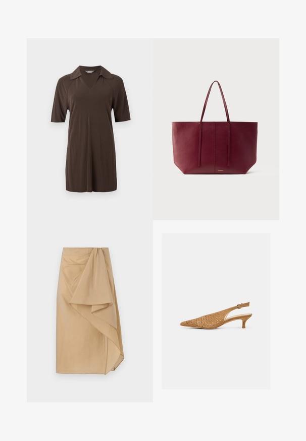 Donkerbruine polo-jurk met korte mouwen, kraag en V-hals, weergegeven op een effen lichte achtergrond.; Beige wikkelrok van lichtgewicht stof met een asymmetrische draping, voorzien van een gegarneerde tailleband en een gladde textuur. Geen zichtbare sluitingen.; Tan suède slingback schoen met puntige neus, geperforeerde bovenkant en lage kittenhak, voorzien van een verstelbare gespband.; Donkerrode leren tas met twee lange handvatten, rechthoekige vorm, gestructureerd oppervlak en minimalistisch ontwerp met subtiele branding aan de voorkant.