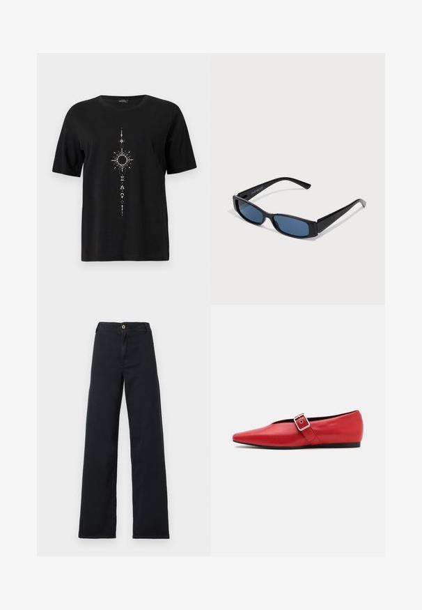 Zwart T-shirt met korte mouwen en een verticale witte hemelse afbeelding met een zon, sterren en geometrische symbolen middenvoor.; Zwarte jeans met hoge taille en wijde pijpen, voorzien van een knoop- en ritssluiting, zichtbare voorzakken, plat gelegd op een witte achtergrond.; Rode leren platte schoen met een spitse neus, voorzien van een zijkant band met een metalen gesp en een lage zwarte hak. Gladde textuur overal.; Zwarte zonnebril met een slank rechthoekig frame en blauwe lenzen. Heeft een gladde textuur en stevige pootjes. Merklogo aan de zijkant.