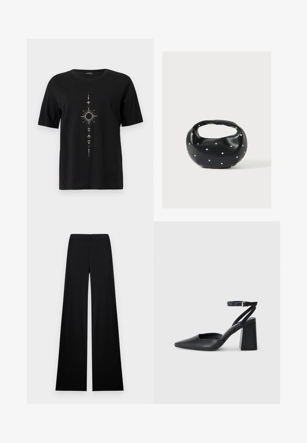 T-shirt noir à manches courtes avec un motif céleste blanc vertical représentant un soleil, des étoiles et des symboles géométriques le long du centre avant.; Pantalon noir à jambes larges avec une taille haute et un tissu lisse, présenté à plat sur un fond blanc.; Escarpin noir en cuir à bout pointu avec une bride de cheville et un talon épais. Texture lisse, design élégant et esthétique minimaliste.; Sac à main en cuir noir de forme arrondie, décoré de clous argentés et équipé d'une poignée courte. Texture lisse et fermeture éclair.