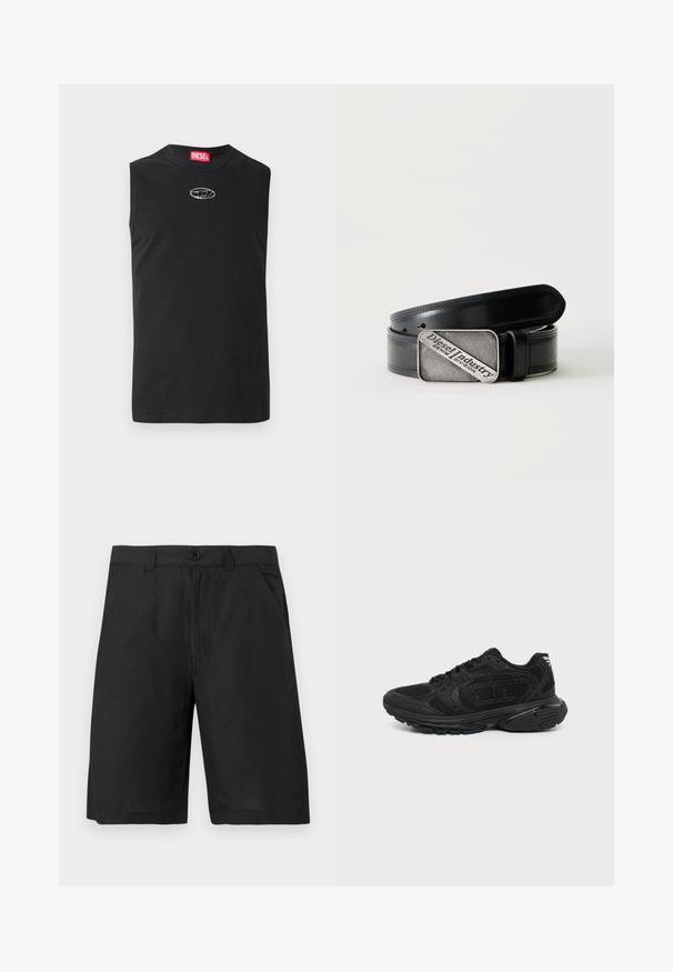 T-shirt sans manches noir en coton, avec un col rond et un logo argenté sur la poitrine. Design simple et uni sans motifs.; Shorts noirs mi-genoux avec bouton frontal, fermeture éclair, poches latérales et passants de ceinture, présentés sur un fond clair uni.; Baskets de sport noires avec tige en mesh, col matelassé, semelle épaisse et coussinée, fermeture à lacets, montrées de profil sur fond blanc.; Ceinture en cuir noir avec une boucle rectangulaire argentée portant le texte gravé "Diesel Industry Denim Division" sur un fond clair à rayures.