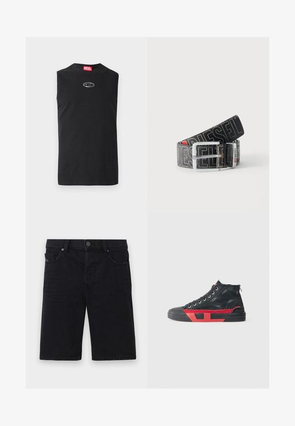 T-shirt sans manches noir en coton, avec un col rond et un logo argenté sur la poitrine. Design simple et uni sans motifs.; Shorts en denim noir avec une coupe droite, cinq poches, éléments en métal et coutures visibles. Texture douce et design simple.; Baskets montantes noires avec des accents rouges et une finition usée. Caractérisées par une tige en toile texturée et une semelle en caoutchouc avec un design découpé.; Ceinture noire Diesel avec grand texte logo blanc, boucle rectangulaire en argent, et détail de boucle métallique brandée, enroulée sur un fond clair.