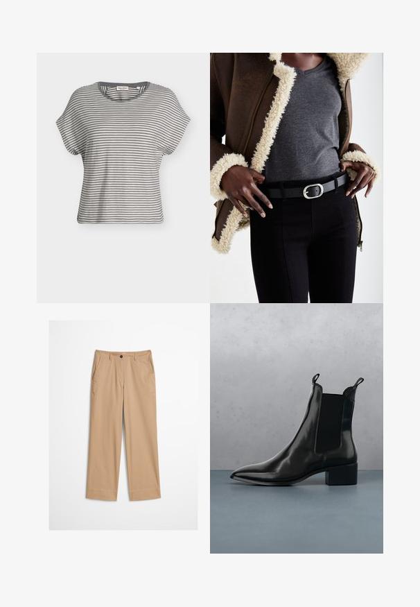 Korte mouwen grijs-wit horizontaal gestreepte T-shirt met ronde hals en een losse pasvorm.; Beige katoenen broek met rechte pijpen, een knoopsluiting aan de voorkant en een gladde textuur. Voorzien van standaard riemlussen en een platte voorkant.; Zwarte leren Chelsea boot met een spitse neus, elastische zijpanelen en een chunky hak, rustend boven een oppervlak met een steen- en houtpatroon.; Bruine shearling-gevoerde jas, grijs V-hals t-shirt, zwarte riem met zilveren ovale gesp, zwarte strakke jeans, gestructureerde materialen en gelaagd ontwerp.