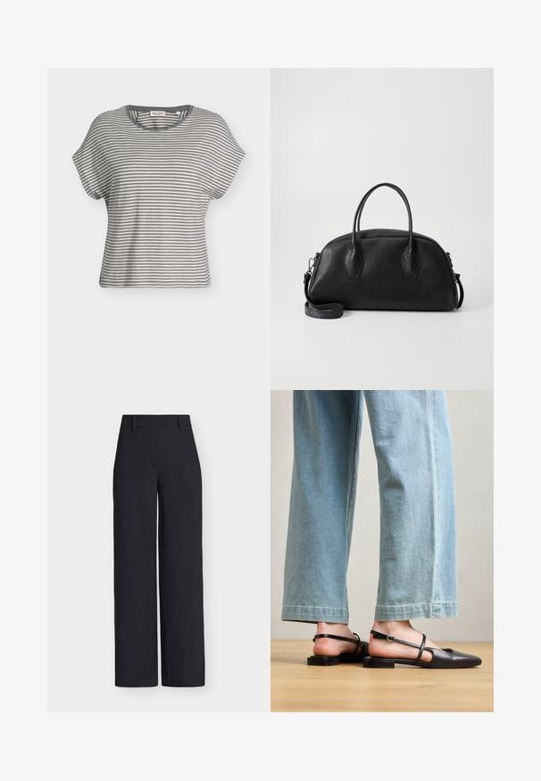 Kortærmet grå og hvid t-shirt med vandrette striber, rund halsudskæring og afslappet pasform.; Sorte bukser med høj talje og vide ben, med bæltestropper og skjult forlukning foran.; Sorte læder slingback-sko med spidse tæer, flad hæl og ankelrem; båret med lyseblå viddebenede jeans.; Sort læder håndtaske med rund form, dobbelte top håndtag, tekstureret overflade og aftagelig skulderrem. To hexagonale detaljer på siderne.