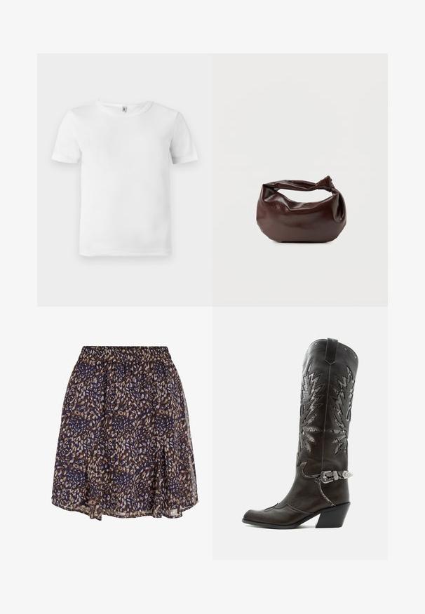 Hvid kortærmet t-shirt med ribbet tekstur. Klassisk crew neckline, ingen synlige logoer eller mønstre, og et simpelt, rent design.; Marineblå og brun leopardprint kort nederdel med elastisk taljebånd og lette, let gennemsigtige stoflag.; Sort læder cowboystøvle med dekorative udskæringer, sølvspænde og skrå hæl, vist på hvid baggrund.; Mørkebrun læder skuldertaske med en blød, afslappet form og et snoet knudehåndtag på en ensartet hvid baggrund.