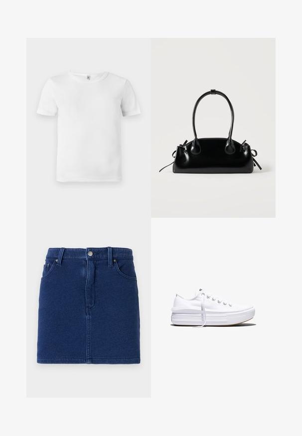 T-shirt blanc à manches courtes avec une texture côtelée. Encolure classique, sans logos ni motifs visibles, et un design simple et épuré.; Jupe en denim bleu profond au design ajusté, fermeture par boutons à l'avant et deux poches sur les côtés. Présente des coutures visibles et un ourlet droit.; Baskets basses blanches en toile avec semelle plateforme épaisse, lacets sur le devant et embout en caoutchouc texturé, vues de profil.; Petit sac à main noir brillant avec deux longues anses et des détails à cordon sur les côtés sur un fond clair uni.