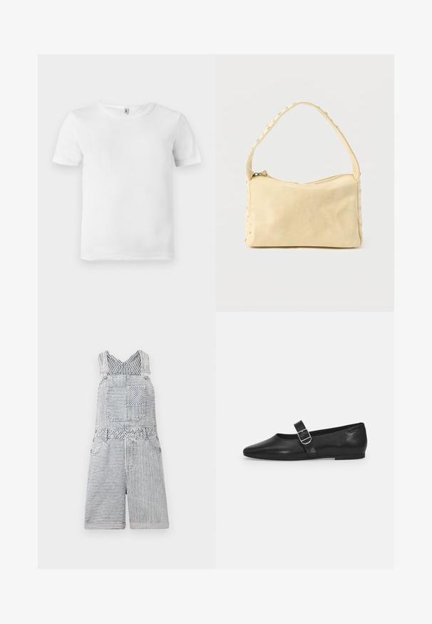 Weißes T-Shirt mit kurzen Ärmeln und gerippter Textur. Klassischer Rundhalsausschnitt, keine sichtbaren Logos oder Muster und ein einfaches, schlichtes Design.; Gestreifte Denim-Latzhose mit einer quadratischen Tasche, verstellbaren Trägern und einem weiten Ausschnitt. Verfügt über eine lockere Passform und eine Länge bis zur Shorts.; Schwarzer Lederflatschuh mit runder Zehenform, einem verstellbaren Schnallenriemen und einer glatten, glänzenden Oberfläche. Minimalistisches Design mit einem niedrigen Absatz.; Kleine beige Ledertasche mit einem einzigen Riemen und silbernen Nieten entlang der Kanten und des Riemens, vor einem schlichten Hintergrund.