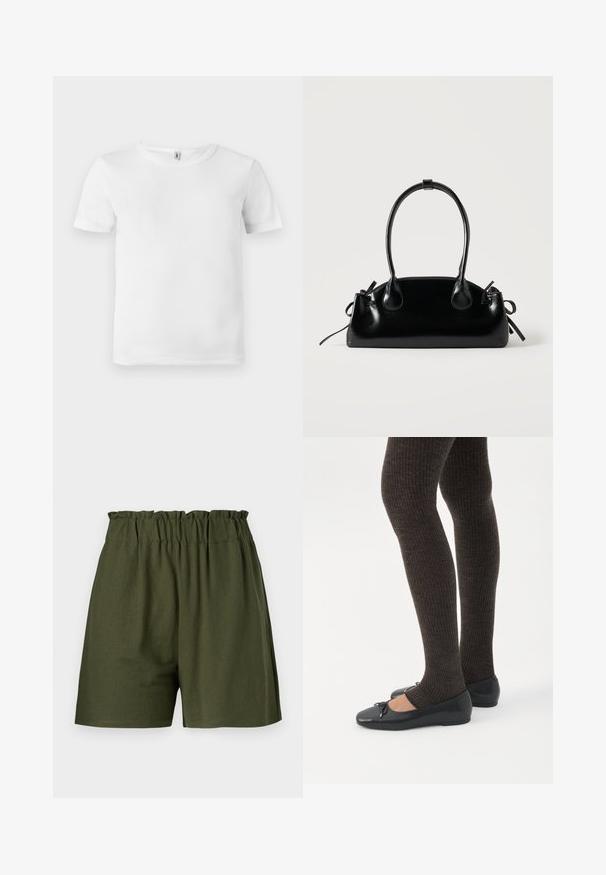 Hvid kortærmet t-shirt med ribbet tekstur. Klassisk crew neckline, ingen synlige logoer eller mønstre, og et simpelt, rent design.; Mørkegrønne shorts med elastisk talje, afslappet pasform og uden lommer. Lavet af blødt, letstof.; Ben iført mørke ribbede leggings kombineret med sorte balletsko med små sløjfedetaljer på hvid baggrund.; Lille sort blank håndtaske med to lange håndtag og snøre-detaljer i siden på en ensfarvet lys baggrund.