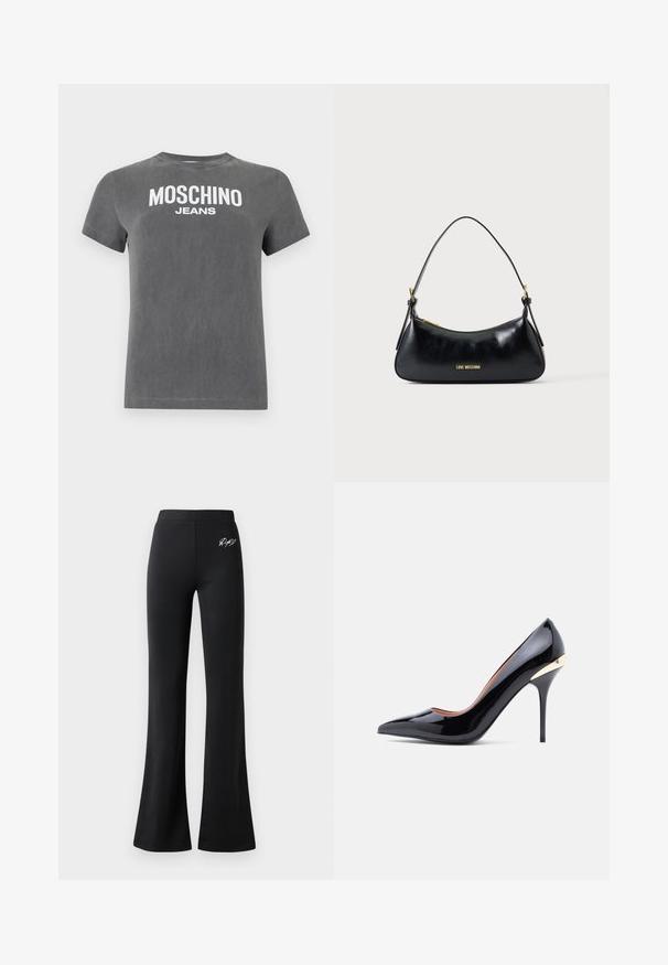 Camiseta gris de manga corta con texto blanco "MOSCHINO JEANS" impreso en el pecho, cuello redondo y ajuste casual.; Pantalones negros de campana hechos de tela suave. Cuentan con una cintura elástica y un pequeño logo blanco en la cadera. Diseño sencillo, sin patrones visibles.; Zapato de tacón alto de cuero de charol negro con punta afilada y un detalle dorado en el talón. Textura suave y silueta elegante.; Bolso de cuero negro para el hombro con cremallera dorada y logotipo "LOVE MOSCHINO" en el frente, con un asa superior curvada.