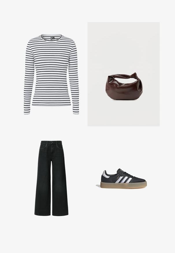 Camiseta blanca de manga larga con canalé, con finas rayas horizontales negras y cuello redondo.; Vaqueros negros de pierna ancha, confeccionados en mezclilla, con un diseño clásico de cinco bolsillos y remaches decorativos cerca de los bolsillos delanteros.; Zapatilla deportiva de cuero negro con tres rayas plateadas, punta texturizada y suela de goma. Cuenta con un collar acolchado y un diseño con cordones.; Bolso de hombro de cuero marrón oscuro con una forma suave y caída, y un asa con nudo torcido sobre un fondo blanco liso.