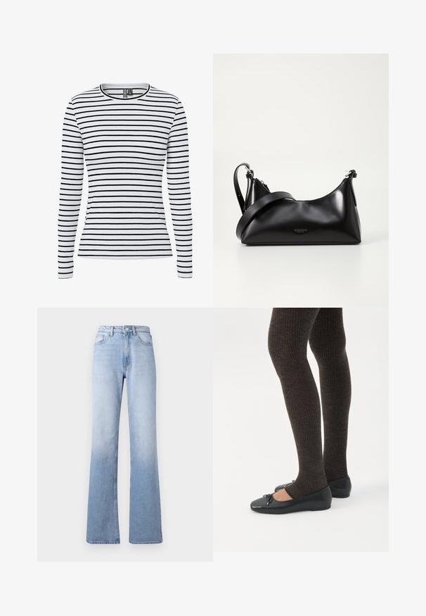 Camiseta blanca de manga larga con canalé, con finas rayas horizontales negras y cuello redondo.; Jeans de mezclilla azul claro de corte acampanado con una cintura alta, que cuentan con un diseño clásico de cinco bolsillos, un ligero desvanecimiento y un cierre de cremallera con botón.; Piernas con leggings oscuros acanalados combinados con bailarinas negras que presentan pequeños detalles de lazo sobre un fondo blanco.; Bolso de mano de cuero negro con una textura suave. Cuenta con una correa ajustable y un diseño elegante y minimalista con cierre de cremallera.