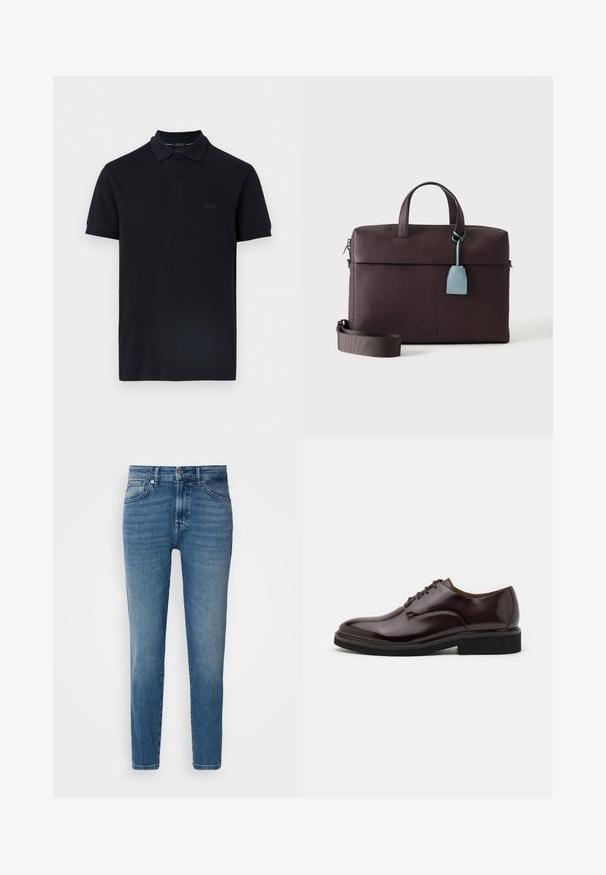 Zwart polohemd met korte mouwen, voorzien van twee knopen en "BOSS" geborduurd op de linkerborst.; Lichtblauwe denim jeans met een rechte pasvorm, traditionele vijf-pocket stijl, metalen knoopsluiting en subtiele vervaging aan de voorkant.; Bruine leren Oxford schoen met een glanzende afwerking, ronde neus, vetersluiting en een stevige zwarte rubberen zool. Naaddetails op de bovenkant.; Donkerbruine leren aktetas met bovenhandvatten, afneembare schouderriem en lichtblauw leren label dat aan één handvat hangt.