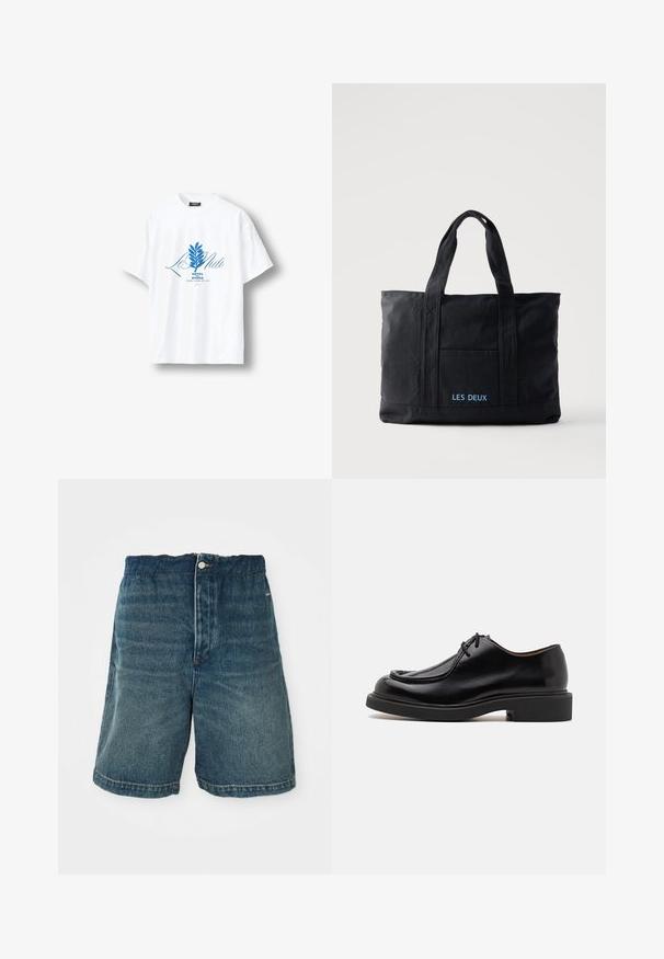 Camiseta blanca de manga corta con gráfico botánico azul y texto "Le Midi Hôtel du Rivage Saint-Jean-de-Luz" centrado en el frente.; Pantalones cortos de mezclilla en azul oscuro con un ajuste holgado, que cuentan con un cierre de botón y costuras visibles a lo largo del dobladillo y los bolsillos.; Zapato de cuero negro con punta redondeada, detalles de costura, cordones mínimos y suela de goma gruesa para tracción y durabilidad.; Bolsa tote de lona negra con dos asas, bolsillo frontal y "LES DEUX" bordado en azul en el bolsillo delantero.