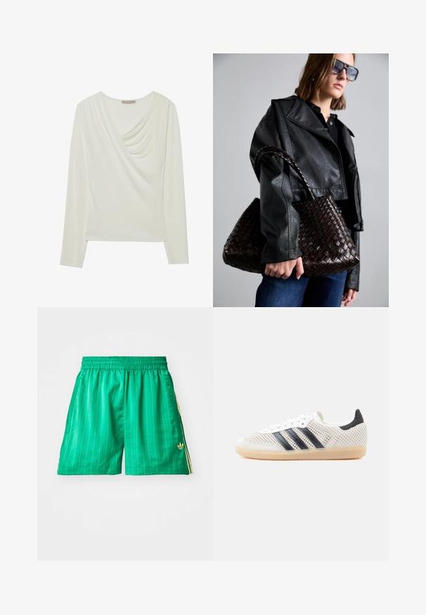 Langærmet creme blouse med en draperet V-udskæring, blød tekstur og tætsiddende silhuet med afrundet kant. Brandmærket er synligt.; Grønne sportsshort med hvide lodrette striber, elastisk talje og gule sidelagner. Har et lille guld logo nederst til venstre.; Hvide mesh-sneakers med sort tre-stribet design, rundet tå og gummisål. Har blød hælkant og snørelukning.; DRAGON DIFFUSION SANTA CROCE BIG - Håndtasker - dark brown