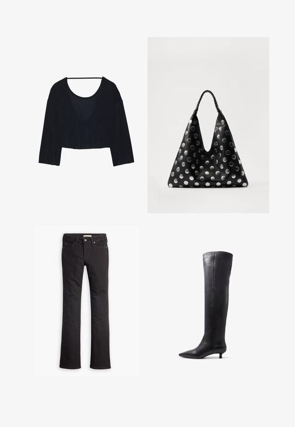 Zwarte cropped top van zacht stof, met een losse fit, brede mouwen en een diepe ronde halslijn. Glad textuur met een minimalistisch ontwerp.; Zwarte jeans van denim, met een recht toelopende pijp, standaard taille, vijf zakken en subtiele stiksels.; Kniehoge zwarte leren laarzen met een spitse neus en een kleine hak, met een gladde textuur en een minimalistisch ontwerp.; Zwarte leren tas met een driehoekige vorm, voorzien van zilveren metallic stippen en een gestructureerd handvat. Over het algemeen een gladde afwerking.