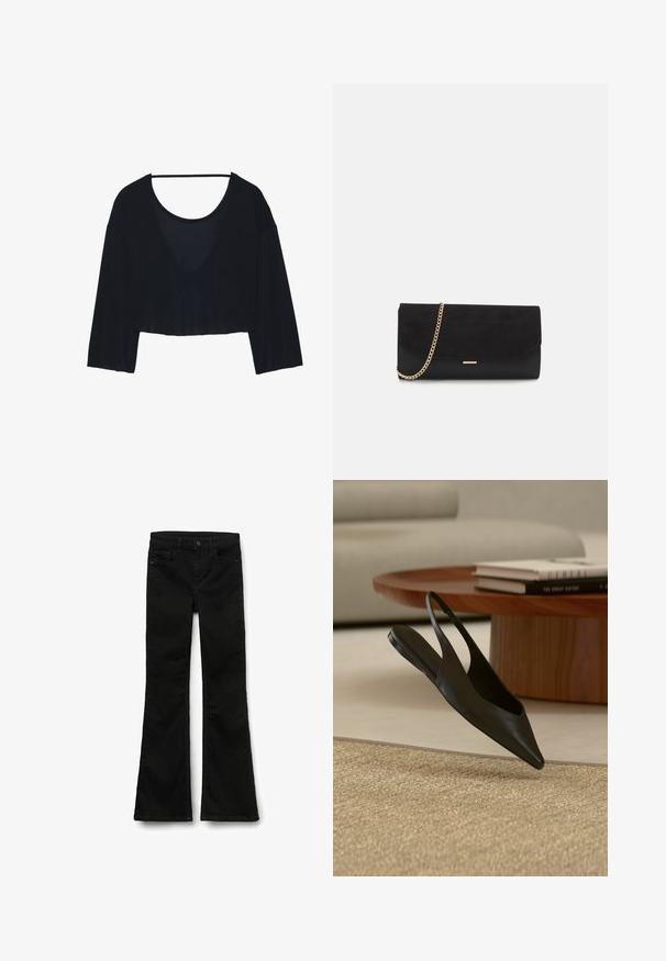 Top corto negro hecho de una tela suave, con un ajuste suelto, mangas anchas y un escote profundo. Textura suave con un diseño minimalista.; Vaqueros acampanados negros de denim con una textura suave, que cuentan con una cinturilla con cierre de botón y bolsillos estándar.; Zapato plano negro de punta puntiaguda con tira trasera cerca de una mesa redonda de madera con libros apilados sobre una alfombra beige en una sala de estar moderna.; Bolso de mano negro hecho de ante con un acabado texturizado, que presenta una cadena dorada y un diseño elegante y angular.