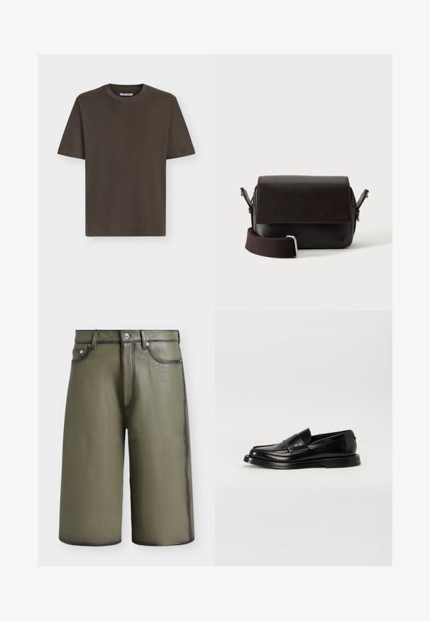 T-shirt en coton manches courtes vert olive foncé avec col rond, présenté à plat sur un fond gris clair.; Shorts en cuir vert olive longueur genou avec coutures noires, passants pour ceinture, poches avant et fermeture par bouton à la taille.; The Antipode COLLEGE - Mocassins - black; Sac bandoulière en cuir marron foncé avec fermeture à rabat et sangle en tissu réglable sur fond blanc.