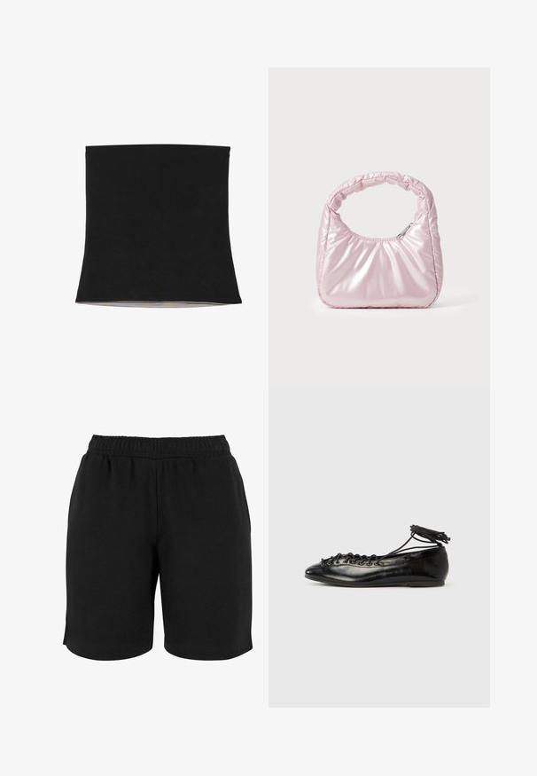 Abat-jour en tissu noir de forme cloche, texture lisse et doublure intérieure légèrement brillante. Les bords sont soigneusement finis sans coutures visibles.; Shorts en coton noirs avec une taille élastique, présentant une texture lisse et une coupe simple. Aucun poche ni embellissement visible.; Ballerines en cuir verni noir avec un bout rond, un design à lacets et une semelle plate. Texture lisse avec peu de détails.; Sac à main rose rembourré avec un design arrondi, fabriqué à partir d'un matériau brillant. Dispose d'une poignée froncée et d'une fermeture éclair pour un accès sécurisé.