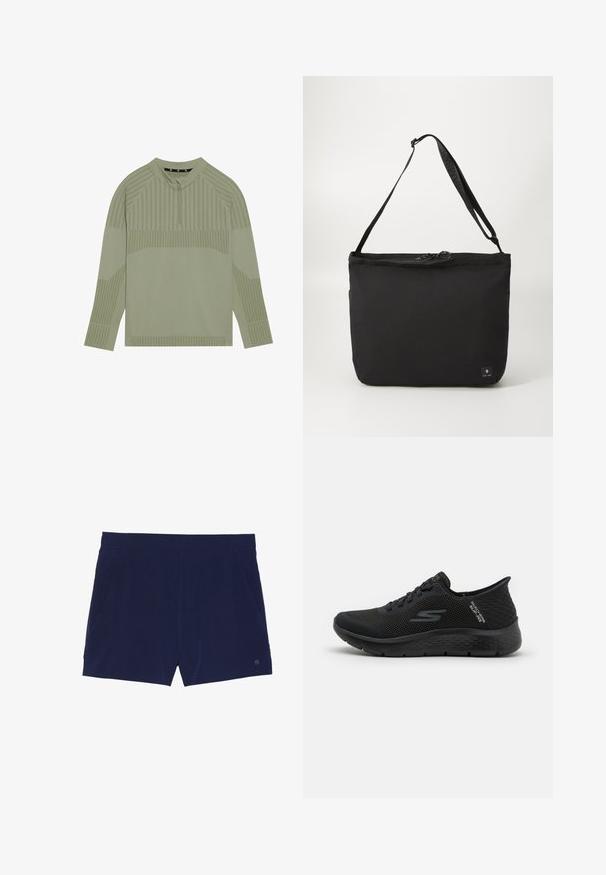 Haut à manches longues vert clair avec un col zippé quart, présentant une texture côtelée et des motifs rayés sur les manches et le corps.; Shorts de bain bleu marine en tissu léger, dotés d'une taille élastique et de deux poches latérales pour le rangement.; Chaussure de sport noire avec une tige en mesh respirant, des accents texturés et une semelle rembourrée. Présente un bout rond et un système de laçage.; Sac à bandoulière noir avec une texture de tissu lisse, de forme rectangulaire, avec une seule bandoulière réglable et une fermeture zippée sur le dessus. Petite étiquette de logo à l'avant.