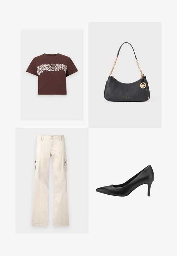 Brun crop T-shirt med hvidt blomstermønster hen over brystet og "Roxy" logo i midten.; Beige cargobukser med vide ben, lukning med knapper foran, bæltestropper og klaplommer på begge sider.; Sort læder højhælet sko med spidse tå, der har et udskæringsdesign og en slank stiletto hæl. Glat tekstur og strømlinet silhuet.; Sort struktureret læder skuldertaske fra Michael Kors med guldkæde håndtag og MK logo charme hængende på den ene side.