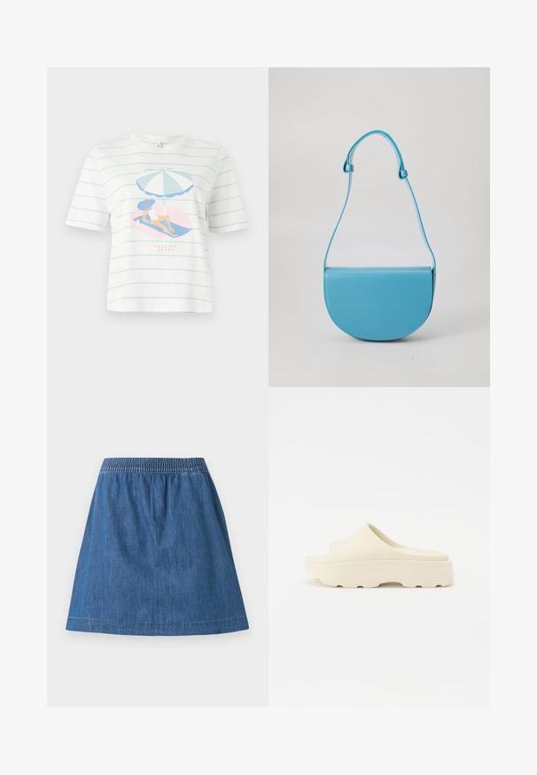 Camisa blanca de manga corta con rayas azul claro y una imagen gráfica de una mujer descansando bajo una sombrilla a rayas con el texto "FEELING SHADY".; Falda azul de mezclilla en línea A con cintura elástica y costuras visibles a lo largo del dobladillo y la cintura, mostrada sobre un fondo blanco.; Sandalia beige sin correa con una superficie lisa similar al caucho, puntera redondeada, suela gruesa y fondo texturizado para un mejor agarre. Diseño minimalista.; Bolso de mano semicírculo azul, hecho de cuero suave, con una sola correa ajustable y un diseño minimalista. La superficie es brillante con bordes limpios.