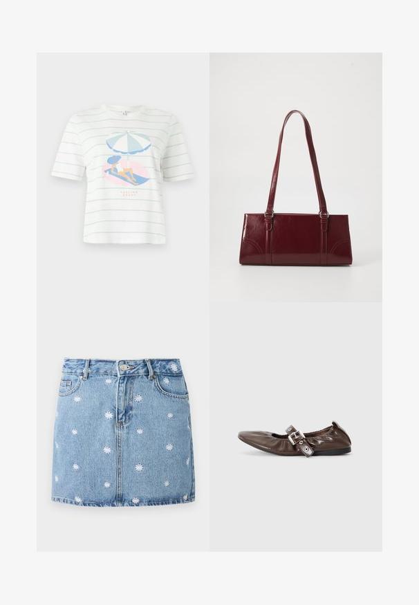 Hvid kortærmet skjorte med lyseblå striber og en grafik af en kvinde, der slapper af under en stribet parasol med teksten "FEELING SHADY".; Lys blå denimskørt med hvide broderede blomsterdesigns, fem lommer og knaplukning foran, med en lige, mini-længde.; Brun lakeret flad sko med spids tå, elastisk sløjfedetalje og en sølvspændeaccent på siden. Sort gummisål.; Bordeaux håndtaske lavet af glansfuldt materiale, rektangulær form, med to skulderremme og subtile buede detaljer på forsiden.