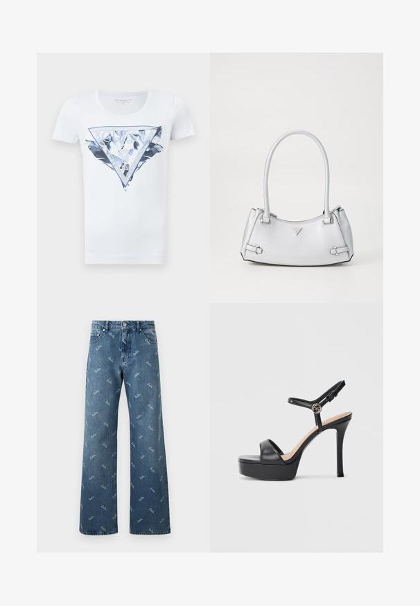 Hvid T-shirt med korte ærmer med et blåt og sølvfarvet skinnende trekantet Guess USA-logo og fjerdesign på forsiden.; Lyseblå denimjeans med bred bendesign, prydet med et gentaget 'lala' logo-mønster i hvid og en klassisk fem-lomme stil.; Sorte platformsandaler med høj stiletthæl, der har en glat læderoverdel, peep toe-design og en justerbar ankelrem med metalbeslag.; Sølv håndtaske med et struktureret design, der har to håndtag, en skinnende overflade, accenthardware og et trekantet logo på fronten.