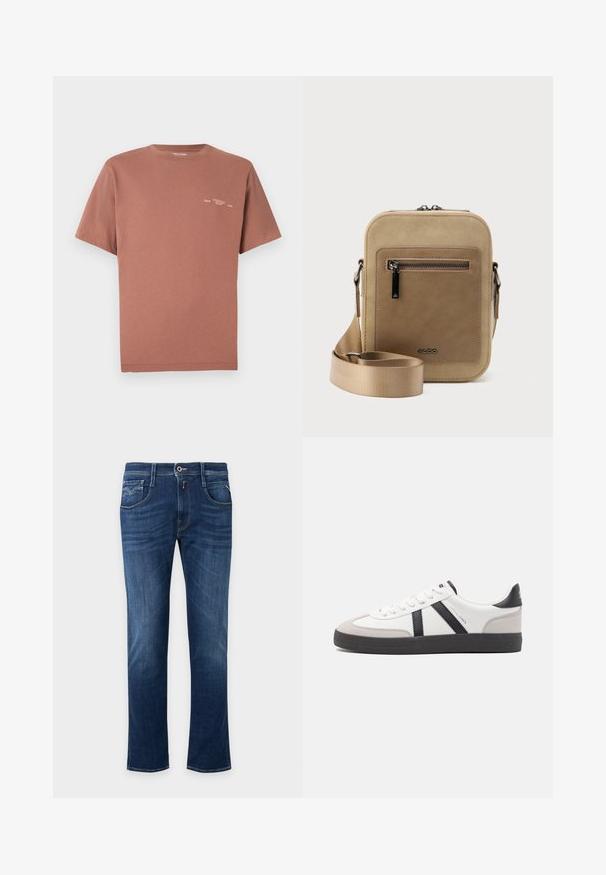T-shirt en coton marron avec col rond, manches courtes et petit motif graphique sur le côté gauche de la poitrine. Texture lisse et coupe décontractée.; Jean droit bleu foncé avec bouton devant, fermeture éclair et design à cinq poches.; Baskets blanches avec des accents noirs et gris, présentant un embout texturé gris, une semelle en caoutchouc noir et des lacets plats blancs. Design épuré, style minimaliste.; Petit sac bandoulière beige avec poche avant zippée, logo métallique ALDO, sangle large ajustable et forme rectangulaire arrondie sur fond blanc.