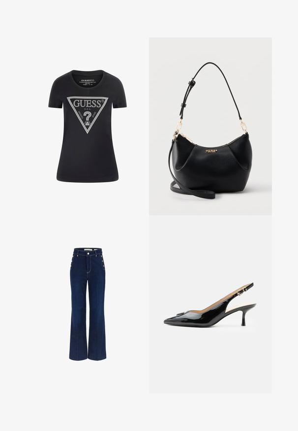 Sort t-shirt lavet af 95% bomuld og 5% elastan. Har et sølvfarvet trekantet grafisk design med "GUESS" og et spørgsmålstegn i midten.; Mørkeblå bredbenede jeans med høj talje, der har knapdetaljer på siderne og en glat denimtekstur.; Sort patentlæder slingback hæl med spids tå, lille kitten hæl og sølvspænde på en ensartet hvid baggrund.; Sort tekstureret læder skuldertaske med guldfarvet lynlås, justerbar rem og guld "GUESS" logo foran i midten.