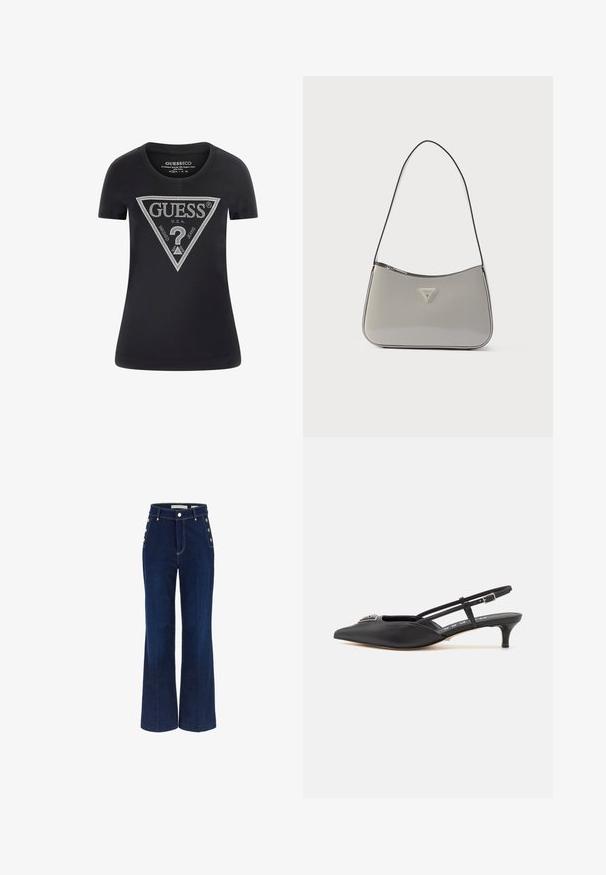 Sort t-shirt lavet af 95% bomuld og 5% elastan. Har et sølvfarvet trekantet grafisk design med "GUESS" og et spørgsmålstegn i midten.; Mørkeblå bredbenede jeans med høj talje, der har knapdetaljer på siderne og en glat denimtekstur.; Sorte slingback-sko med spids tå, lavet af glat materiale, med en lille hæl og en dekorativ sølvaccent på vamps.; Grå skuldertaske i laklæder med en buet form, sort kant og en sølvfarvet logoplade foran. Justerbar rem for alsidig brug.