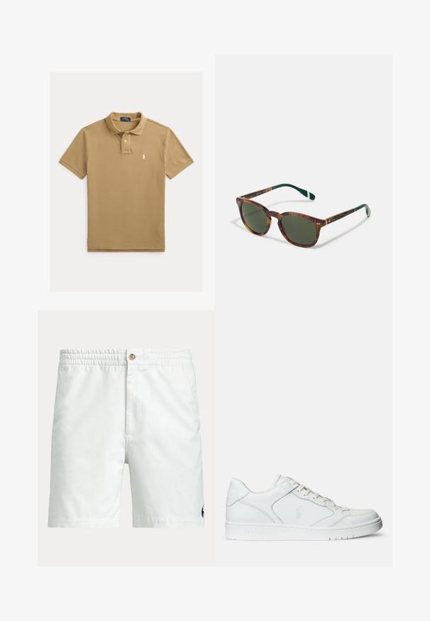 Beige kortærmet polo med krave, to-knapslukning og lille hvid broderet Polo Ralph Lauren-logo på venstre bryst.; Hvide herreshorts med elastisk talje, knaplukning, sidelommer og lille mørkt logo nær den nederste kant på det ene ben.; Hvide lædersneakers med en glat tekstur, der har en perforeret tå, snørebåndslukning og broderet logo på siden. Hvid gummisål.; Skildpaddemønstret solbriller med grønne linser, rund form, guld detaljer og mørkegrønne stænger med en hvid stribe.