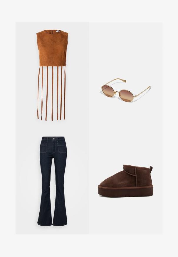 Bruine suède crop top met een ronde halslijn en een ritssluiting aan de achterkant, met lange, verticale franjes langs de zoom.; Donkerblauwe flared jeans van denim, met een hoge taille, vijf zakken en contrasterende stiksels langs de naden. Gladde textuur.; Bruine suède enkellaars met een ronde teen, zachte textuur en een dikke plateauzool. Beschikt over een subtiele naaddetail en een achterste lus om aan te trekken.; Goudkleurige zonnebril met ovale monturen, bruine gradient lenzen en slanke metalen pootjes. Voorzien van bijpassende neussteuntjes voor comfort.