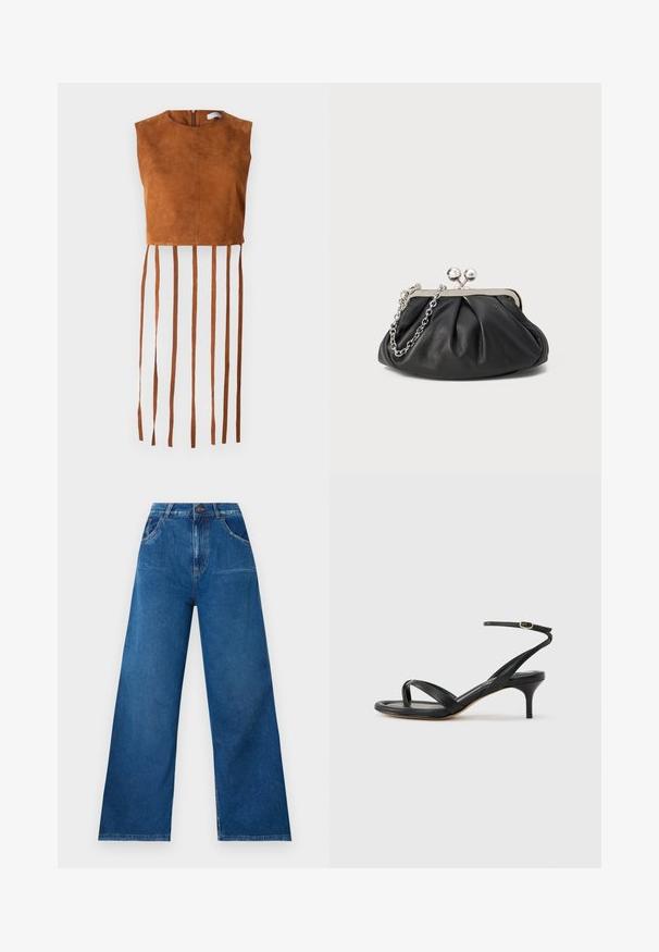 Crop top en suede marron avec un col rond et une fermeture éclair au dos, comportant de longs franges verticales le long de l'ourlet.; Jean large en denim bleu foncé avec une taille haute, comportant des poches avant et arrière, ainsi que des détails de couture contrastés.; Sandale pour femme en cuir noir avec fines lanières, une boucle d'orteil, une boucle à la cheville et un talon aiguille de hauteur moyenne sur un fond neutre.; Porte-monnaie en cuir noir avec texture froncée, cadre en métal argenté, fermeture à verrouillage kiss-lock et bandoulière en chaîne. Surface lisse et douce.