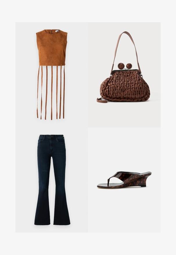 Brun suede crop top med rund halsudskæring og en lynlås i ryggen, som har lange, vertikale frynser langs kanten.; Mørkeblå flare jeans lavet af denim, med høj talje, standard lommer og subtil falmende på stoffet.; Dame kilehælssandal med skildpaddemønster, åben tå og T-rem, vist fra siden på hvid baggrund.; Brun flettet læderhåndtaske med en enkelt strop og to store runde trælukninger på toppen.