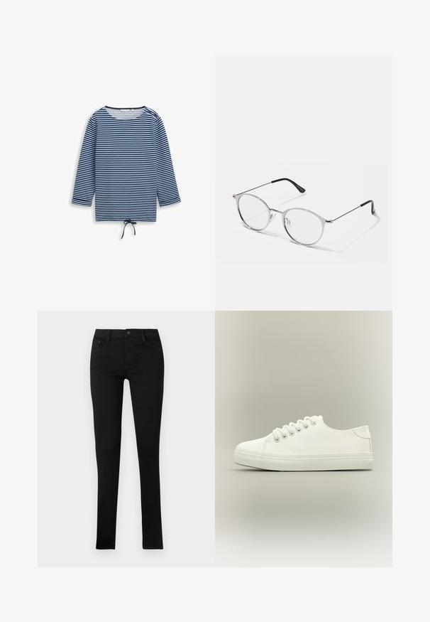 Blå og sort langærmet trøje med vandrette striber, rund halsudskæring, to knapper på skulderen og snøre i midten af kanten.; Sorte denim skinny jeans med lav talje, forlommer og knaplukning. Har en glat tekstur og minimalistisk design.; Hvid lavtop sneaker med hvide snørebånd og gummisål vist fra siden på en neutral baggrund.; Metallic sølvbriller med runde linser og en tynd ramme. Sorte tempelspidser giver kontrast. Justerbare næsepuder medfølger.