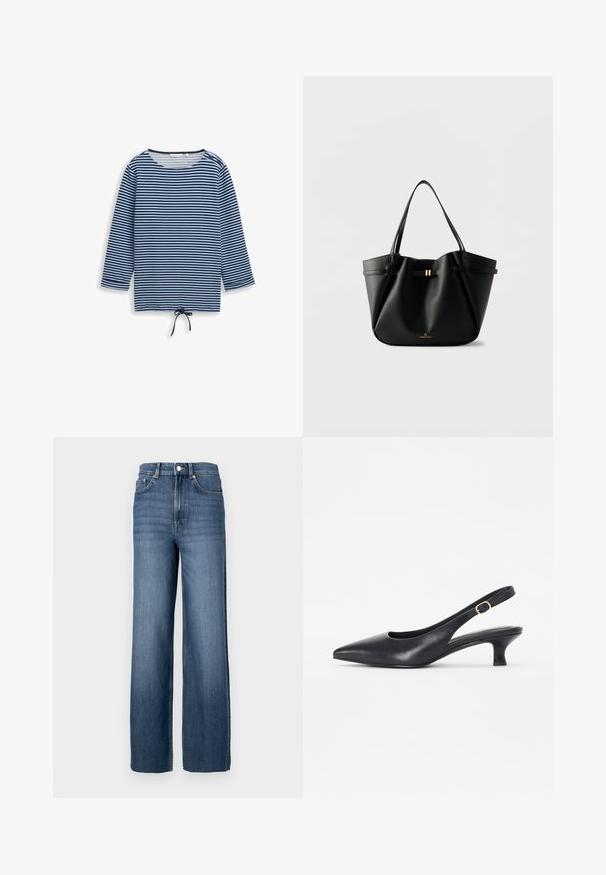 Blå og sort langærmet trøje med vandrette striber, rund halsudskæring, to knapper på skulderen og snøre i midten af kanten.; Blå denimjeans med høj talje og vidde ben. Har et klassisk fem-lomme design og metal knapdetaljer.; Marco Tozzi Pumps - black; Sort læder-tote taske med to skulderremme, en lille guldlås og "Anna Field" logo på en hvid baggrund.