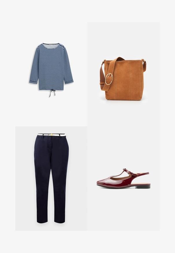 Blå og sort langærmet trøje med vandrette striber, rund halsudskæring, to knapper på skulderen og snøre i midten af kanten.; Marineblå chinos med en slim fit, bomuldsstof og et hvidt bælte med en guldtonet spænde. Glat tekstur, lige ben, minimalistisk design.; Blank bordeaux lavhælet T-rem slingback sko med spids tå og justerbar spænde på ens hvid baggrund.; Sandfarvet ruskinds håndtaske med en flad, rektangulær form, der har en bred læderstrop og en stor, rund metalspænde.