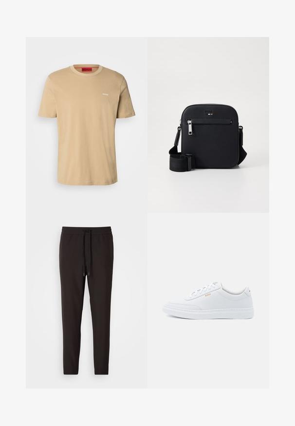 Camiseta de algodón beige con cuello redondo, mangas cortas y un pequeño logo blanco "HUGO" en el pecho. Textura suave sin patrones.; Pantalones de chándal negros hechos de una tela suave, con una cintura elástica y cordón, piernas ajustadas y sin patrones ni adornos visibles.; Zapatillas de cuero blanco con textura suave, puntera redondeada y costuras tonales. Cuentan con cordones azules y un logo dorado en el lateral.; Bolso bandolera de cuero negro con textura suave, que cuenta con un bolsillo frontal con cremallera, correa ajustable y un diseño cuadrado elegante.