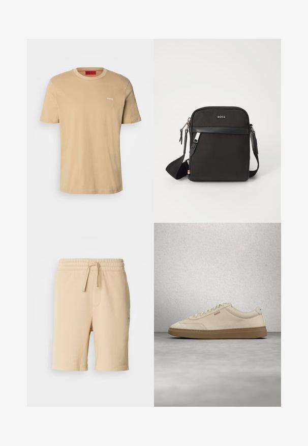 Beige puuvillane t-särk, millel on ümmargune kaelus, lühikesed varrukad ja väike valge "HUGO" logo rinnal. Sile tekstuur ilma mustriteta.; Beige puuvilla segakanga lühikesed püksid elastse vöökoha, nöördetaili, küljetasku ja sirge jala lõikega. Sile tekstuur ja lihtne disain.; Helebeežist beežist pastellseemisnahast toss, kummisest kummist tallaga, silmapaistvate paelte ja peenikeste õmblustega. Puhas disain minimalistliku esteetikaga.; Must mustra kott, millel on tekstuuriga kangas, logo ees, lukuga sulgemine ja reguleeritav rihm. Funktsiooniks on sile nahaäär.